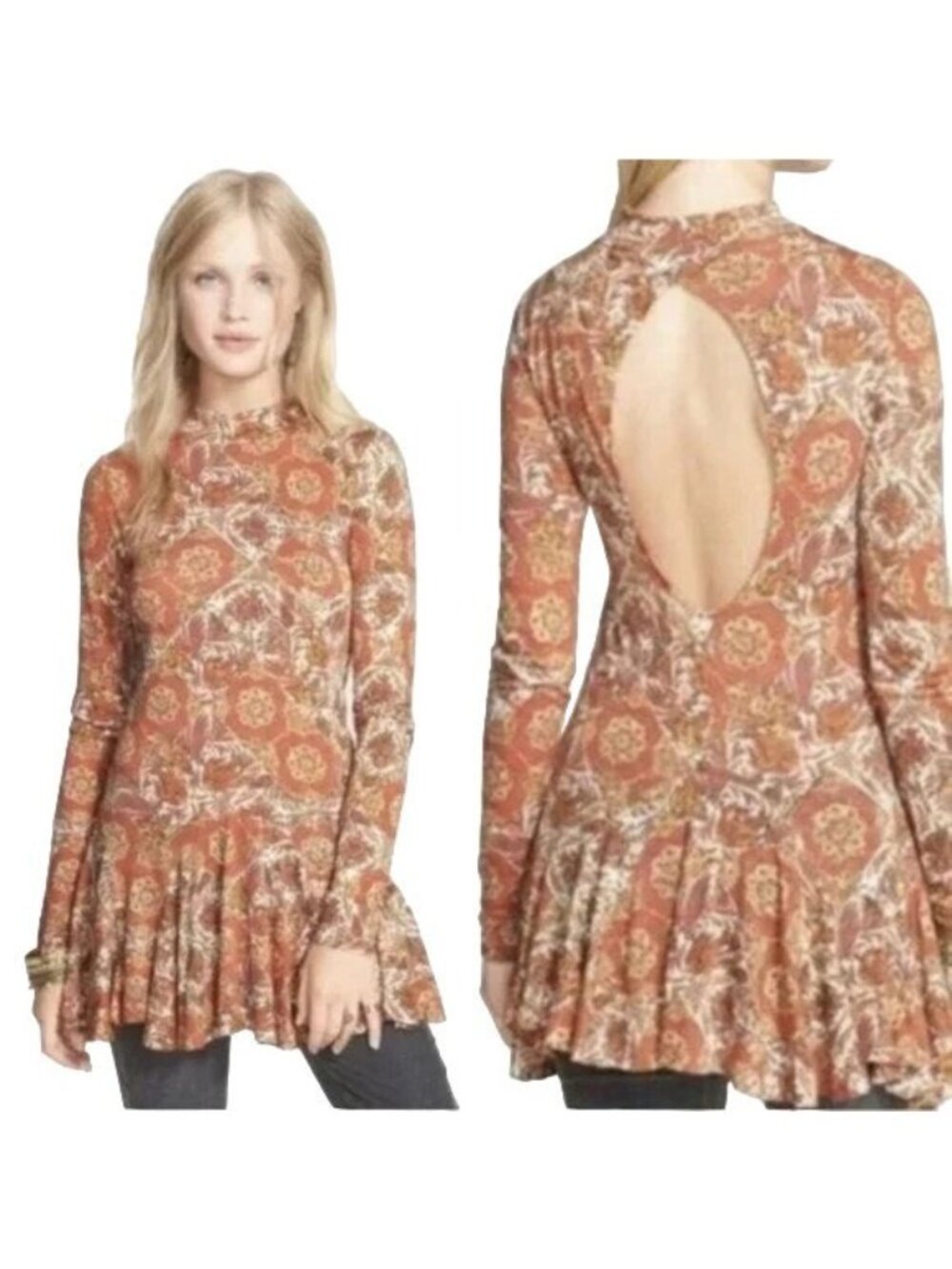 Free People Annabelle Orange Long Sleeve Tunic Mini Dress
